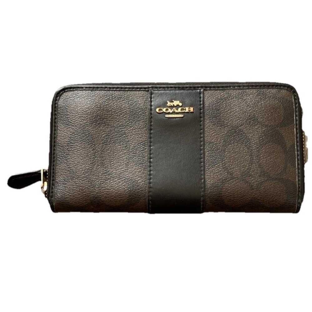 Coach Long Zip Around Wallet In Signature Canvas Brown Black Gold Tone Hardware - Picture 7 of 16